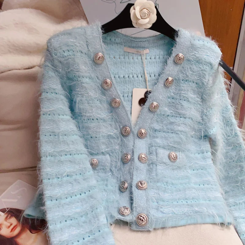 EVNISI Women Casual Office Sweater Fall Winter Double-breasted Cardigan Sweater Coat Thickened Warm Sweet Sweater For Women 2023