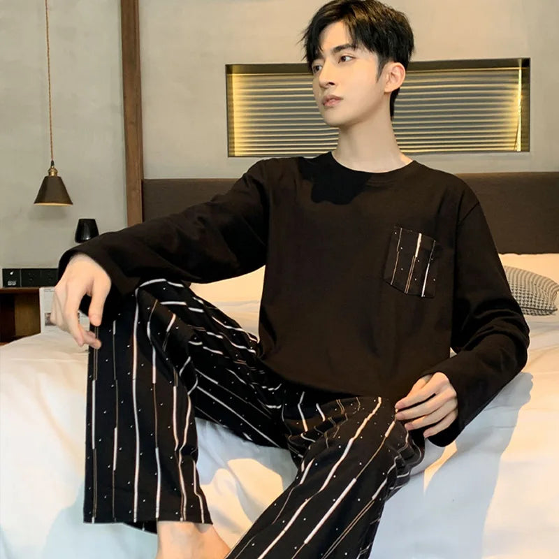 Spring And Autumn 2 Piece Men's Pajamas Boys Sports Long Sleeve Loose Leisure Suit Men's Homewear Sets Pajama Sets