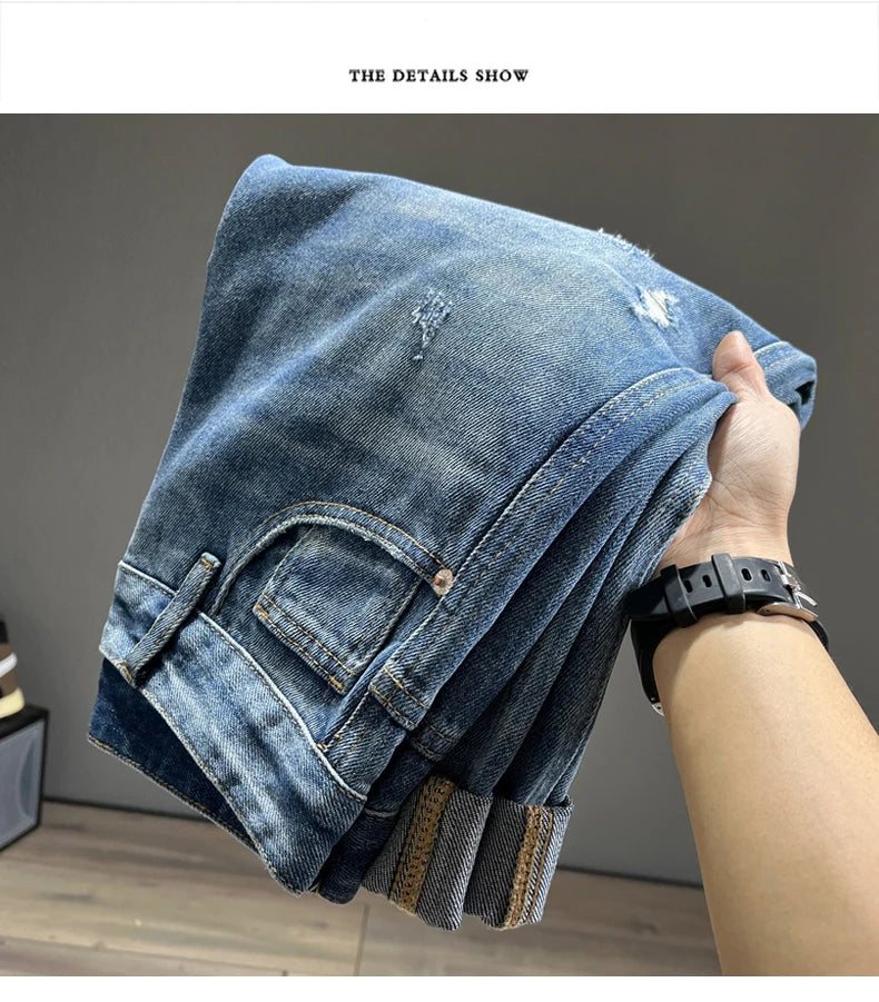 Hip Hop Jeans Men Frayed Slim Little Feet Streetwear Blue Ankle Length Denim Trousers Male Casual Fashion Retro Cropped Pants