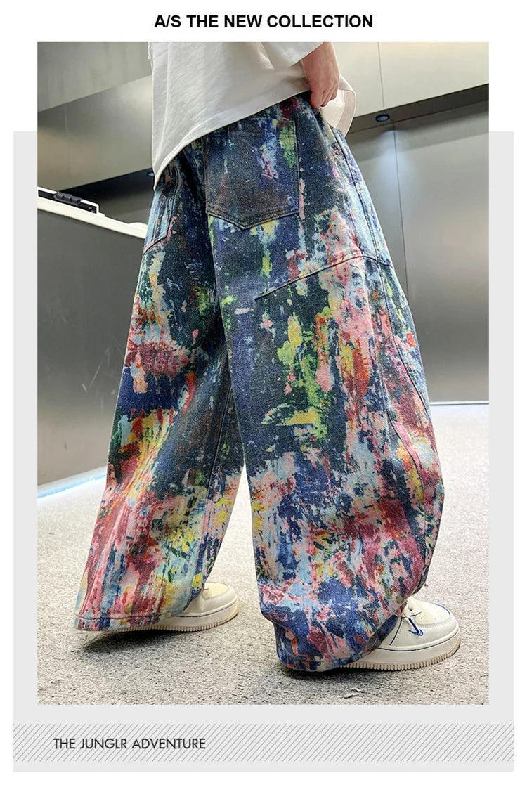 Children Fashion Painting Baggy Jeans For Boys Trendy Street Graffiti Denim Pants Kids Teenager Wide Oil Print Jeans Trousers