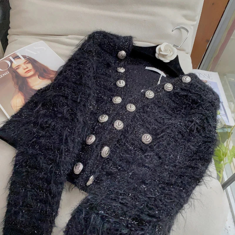 EVNISI Women Casual Office Sweater Fall Winter Double-breasted Cardigan Sweater Coat Thickened Warm Sweet Sweater For Women 2023