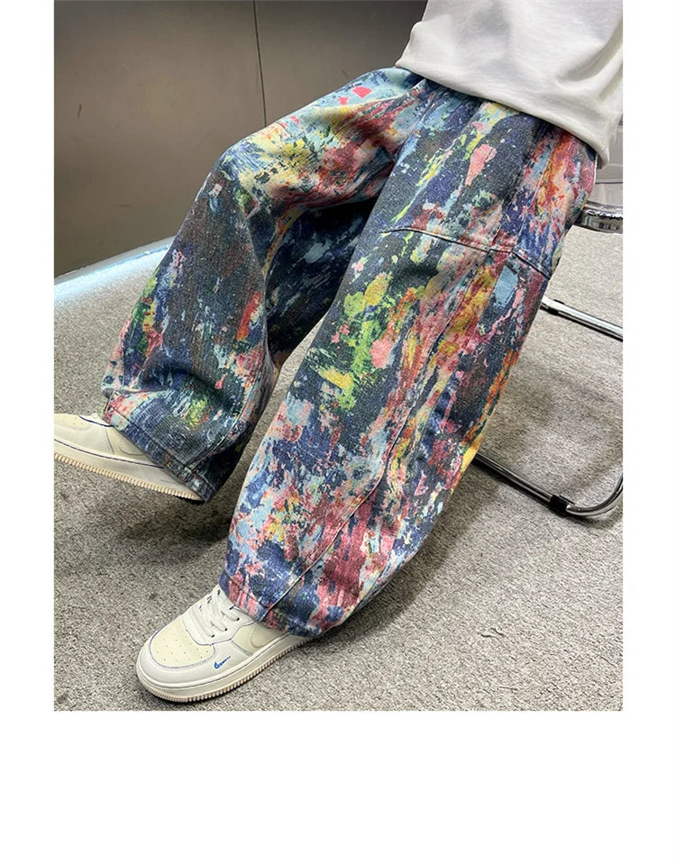 Children Fashion Painting Baggy Jeans For Boys Trendy Street Graffiti Denim Pants Kids Teenager Wide Oil Print Jeans Trousers