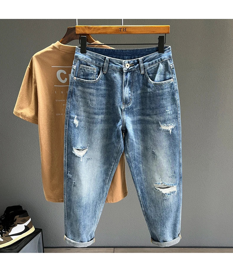 Hip Hop Jeans Men Frayed Slim Little Feet Streetwear Blue Ankle Length Denim Trousers Male Casual Fashion Retro Cropped Pants