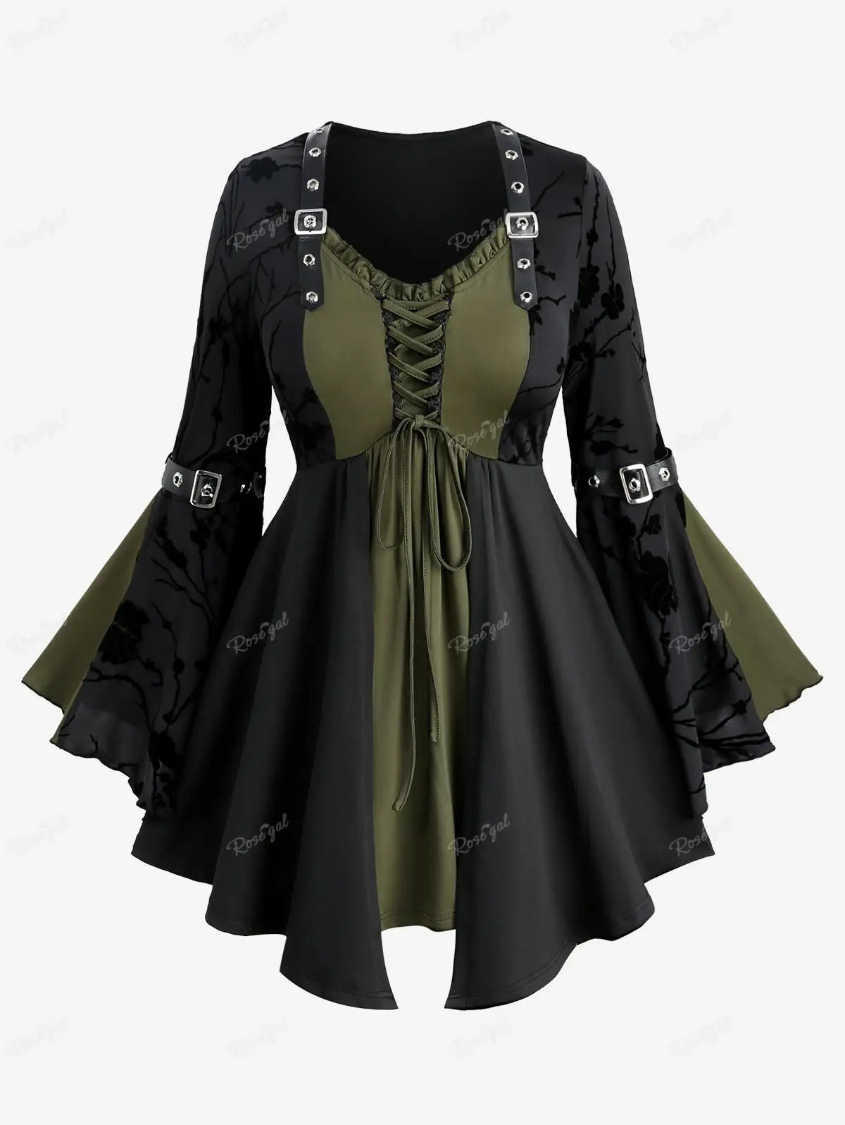 ROSEGAL Plus Size Spring Autumn T-shirts For Women Floral Flocking Flare Sleeves Lace Up PU Strap Buckle Grommet Patchwork Tops