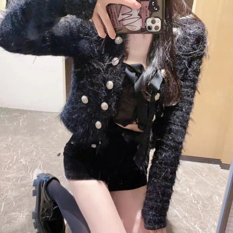 EVNISI Women Casual Office Sweater Fall Winter Double-breasted Cardigan Sweater Coat Thickened Warm Sweet Sweater For Women 2023