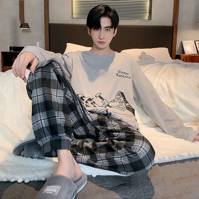 Spring And Autumn 2 Piece Men's Pajamas Boys Sports Long Sleeve Loose Leisure Suit Men's Homewear Sets Pajama Sets