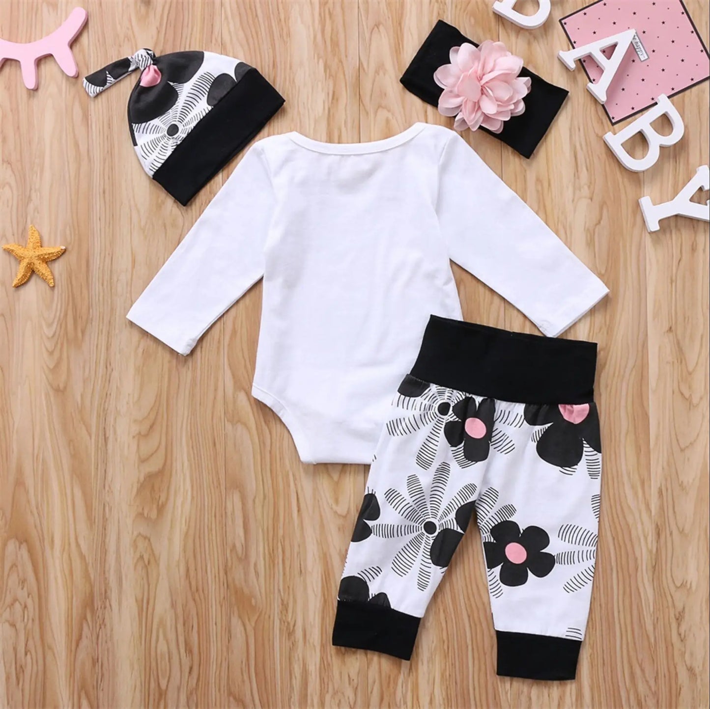 Spring and Autumn New Newborn Girl Baby Set Flower Letter Printed Jumpsuit+Headband Three Piece Set Romper