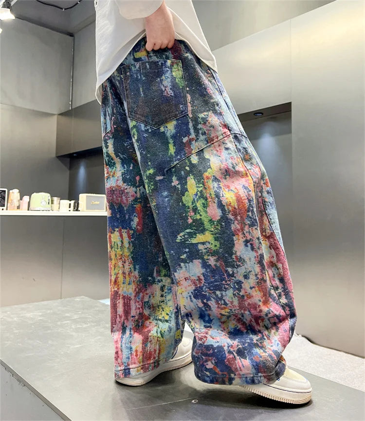 Children Fashion Painting Baggy Jeans For Boys Trendy Street Graffiti Denim Pants Kids Teenager Wide Oil Print Jeans Trousers