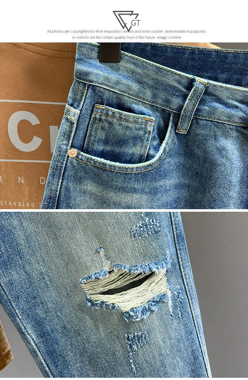 Hip Hop Jeans Men Frayed Slim Little Feet Streetwear Blue Ankle Length Denim Trousers Male Casual Fashion Retro Cropped Pants