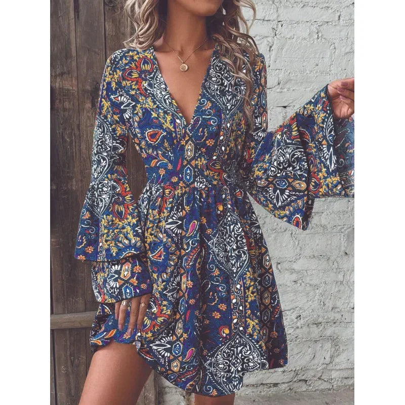 2024 New Fashionable High-End Women's Pashli Printing V-Neck Flare Sleeve Dress Autumn/Winter Cross-Border Style