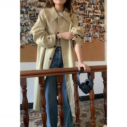 Autumn Winter Women's Fashion Trench Coat New 2024 Single row buckle Female Windbreaker Coats Mid length Khaki Versatile Outwear