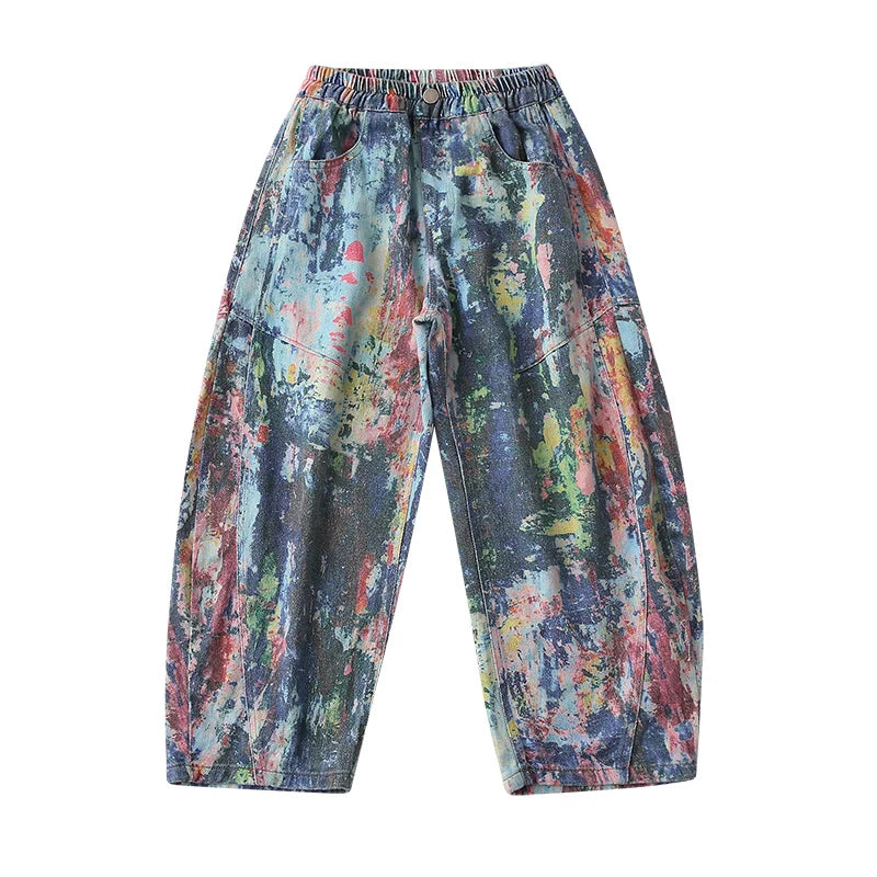 Children Fashion Painting Baggy Jeans For Boys Trendy Street Graffiti Denim Pants Kids Teenager Wide Oil Print Jeans Trousers
