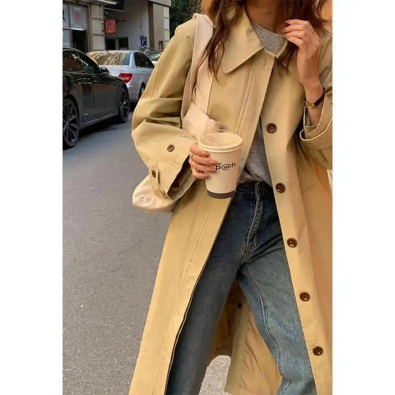 Autumn Winter Women's Fashion Trench Coat New 2024 Single row buckle Female Windbreaker Coats Mid length Khaki Versatile Outwear