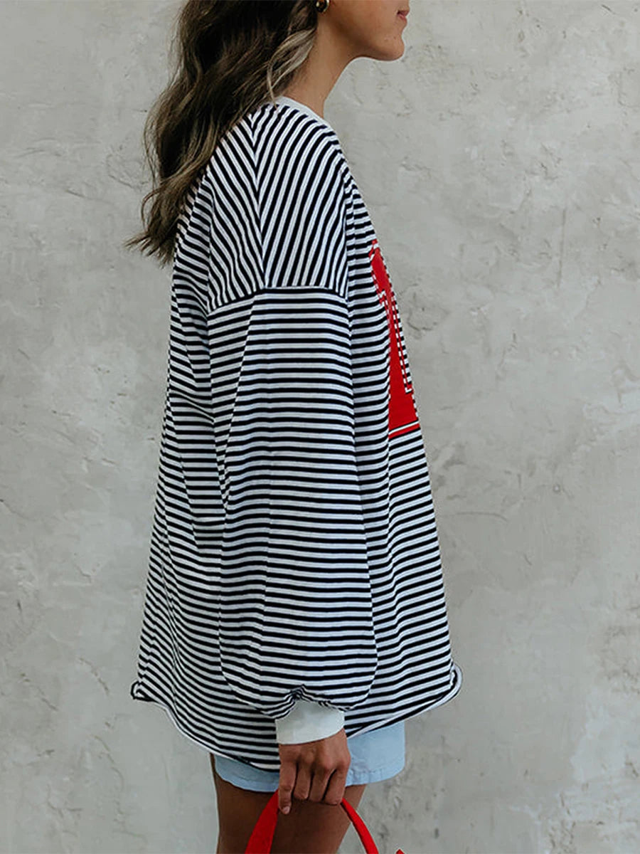 Women s Casual Loose Fit Long Sleeve O Neck Graphic Print Striped Tunic Top for Spring and Autumn Wear