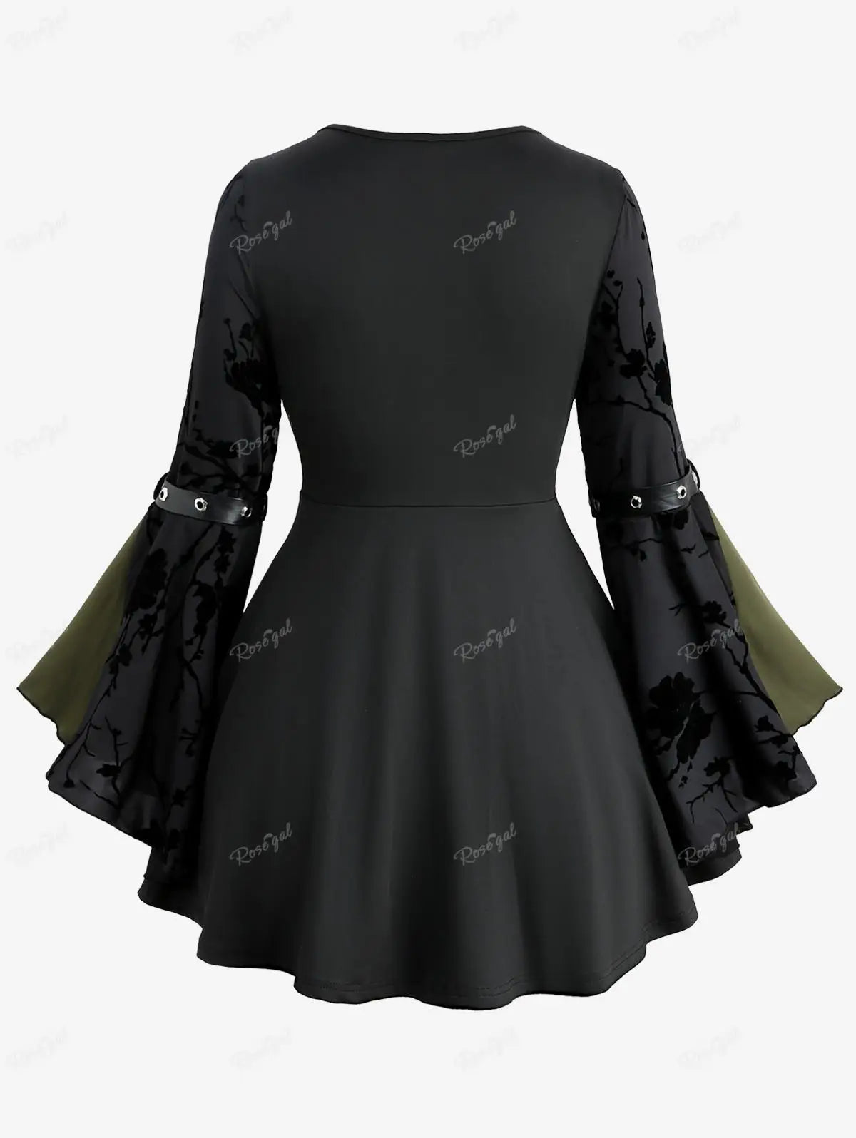 ROSEGAL Plus Size Spring Autumn T-shirts For Women Floral Flocking Flare Sleeves Lace Up PU Strap Buckle Grommet Patchwork Tops