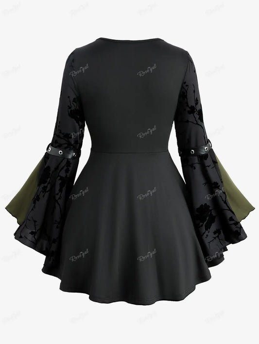 ROSEGAL Plus Size Spring Autumn T-shirts For Women Floral Flocking Flare Sleeves Lace Up PU Strap Buckle Grommet Patchwork Tops