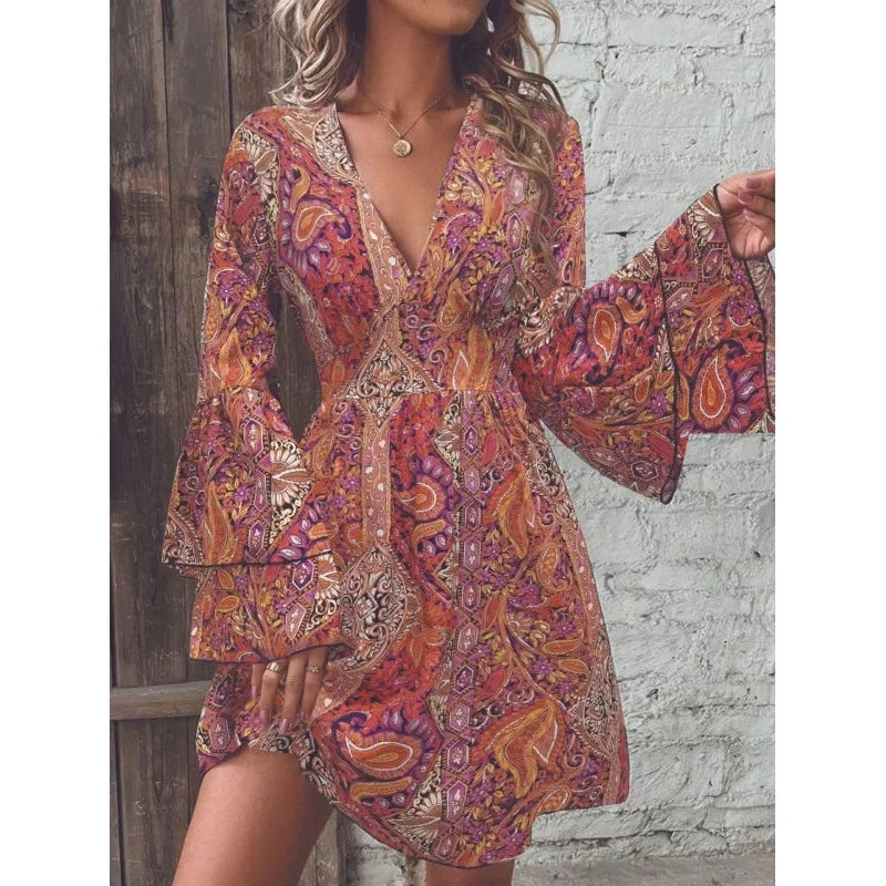2024 New Fashionable High-End Women's Pashli Printing V-Neck Flare Sleeve Dress Autumn/Winter Cross-Border Style