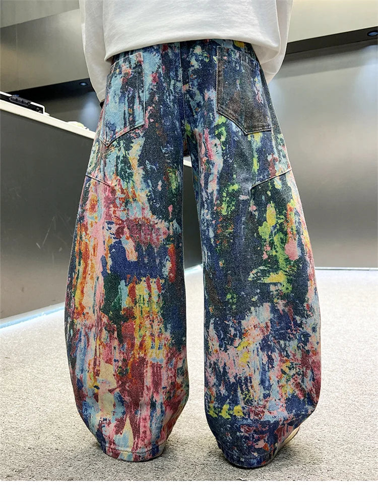 Children Fashion Painting Baggy Jeans For Boys Trendy Street Graffiti Denim Pants Kids Teenager Wide Oil Print Jeans Trousers