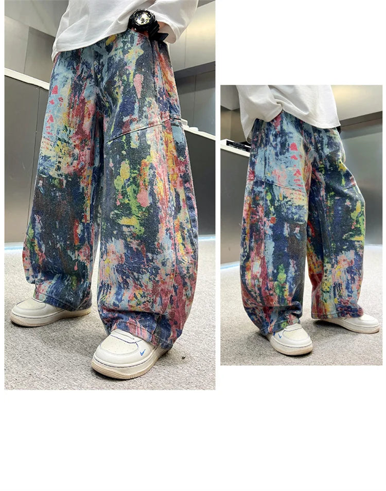Children Fashion Painting Baggy Jeans For Boys Trendy Street Graffiti Denim Pants Kids Teenager Wide Oil Print Jeans Trousers