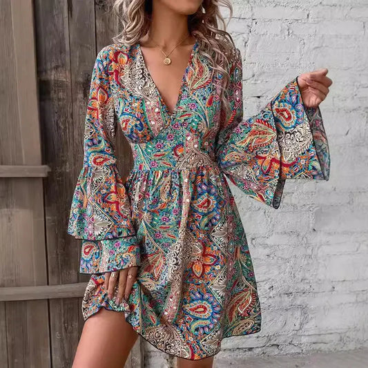 2024 New Fashionable High-End Women's Pashli Printing V-Neck Flare Sleeve Dress Autumn/Winter Cross-Border Style