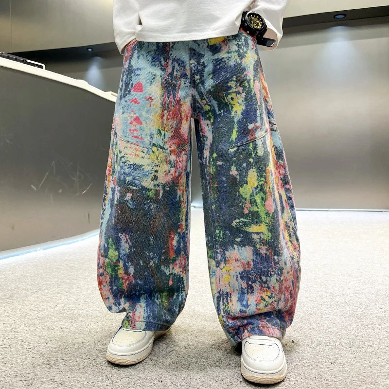 Children Fashion Painting Baggy Jeans For Boys Trendy Street Graffiti Denim Pants Kids Teenager Wide Oil Print Jeans Trousers