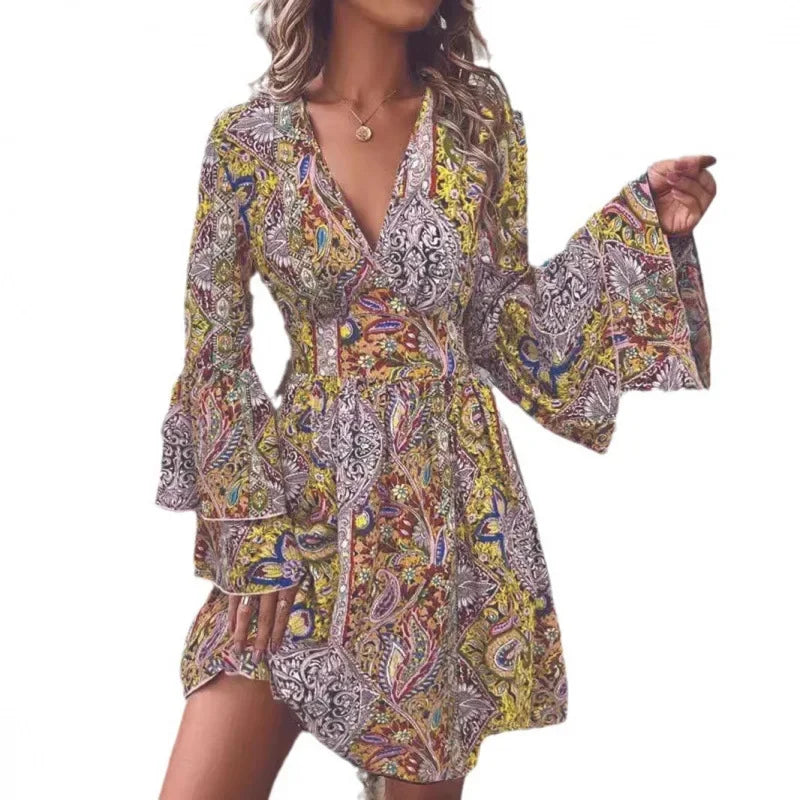 2024 New Fashionable High-End Women's Pashli Printing V-Neck Flare Sleeve Dress Autumn/Winter Cross-Border Style