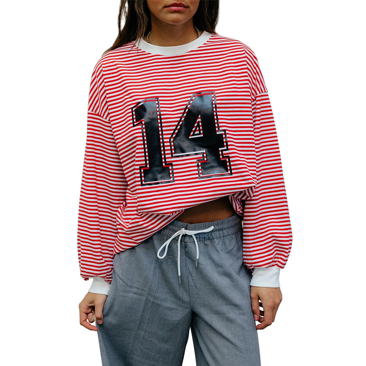 Women s Casual Loose Fit Long Sleeve O Neck Graphic Print Striped Tunic Top for Spring and Autumn Wear