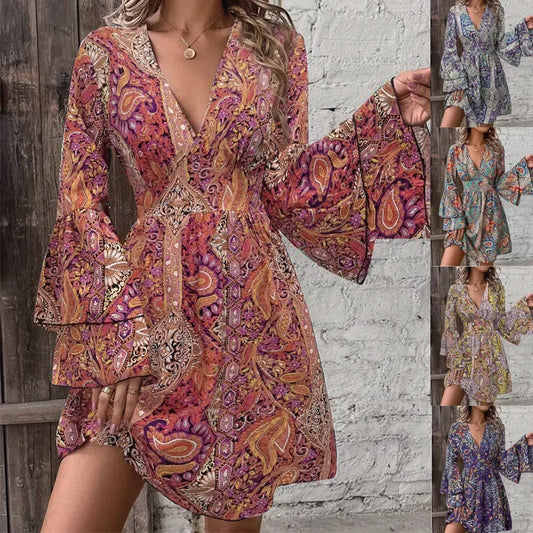 2024 New Fashionable High-End Women's Pashli Printing V-Neck Flare Sleeve Dress Autumn/Winter Cross-Border Style
