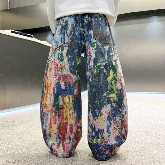 Children Fashion Painting Baggy Jeans For Boys Trendy Street Graffiti Denim Pants Kids Teenager Wide Oil Print Jeans Trousers
