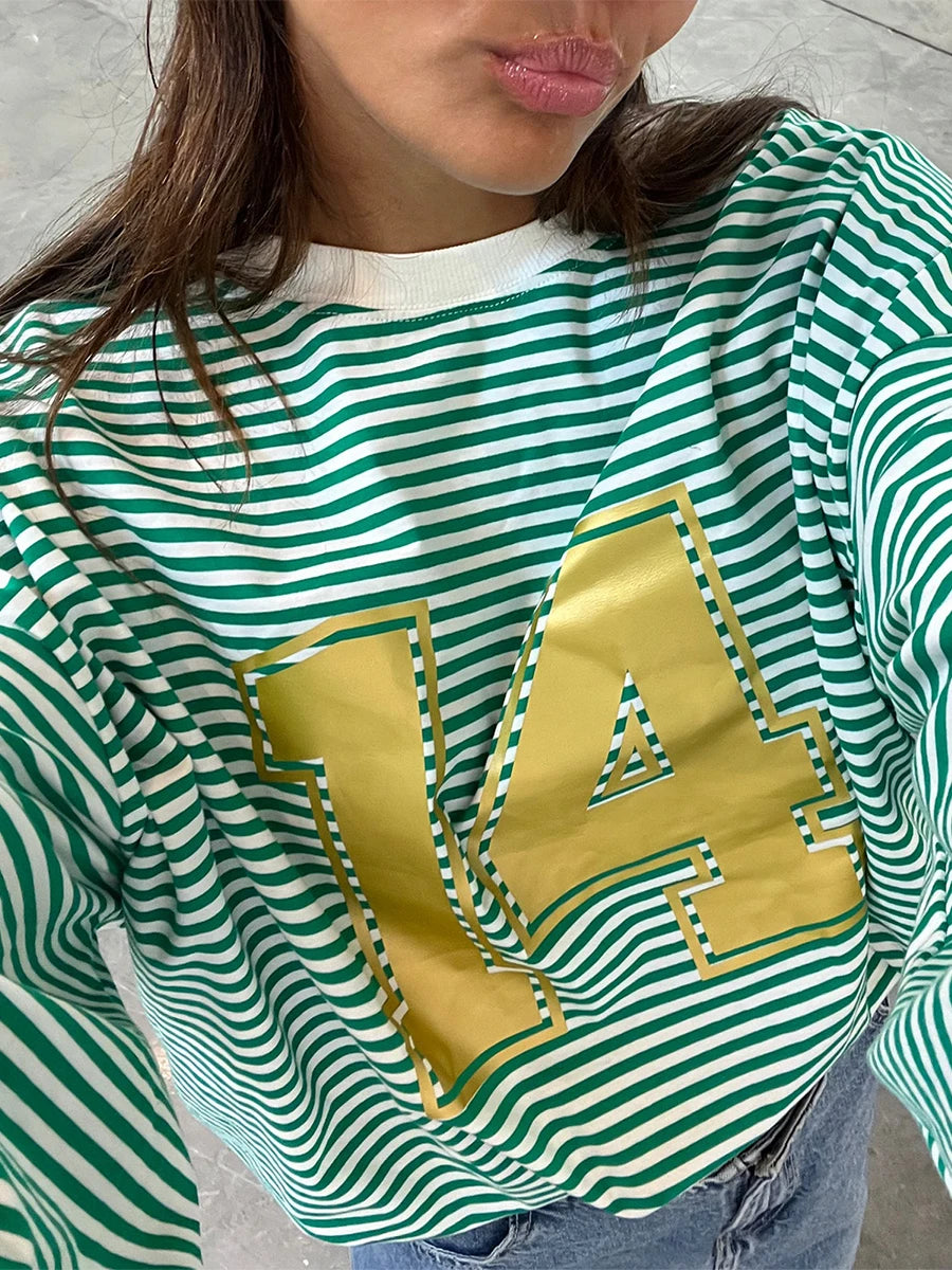 Women s Casual Loose Fit Long Sleeve O Neck Graphic Print Striped Tunic Top for Spring and Autumn Wear