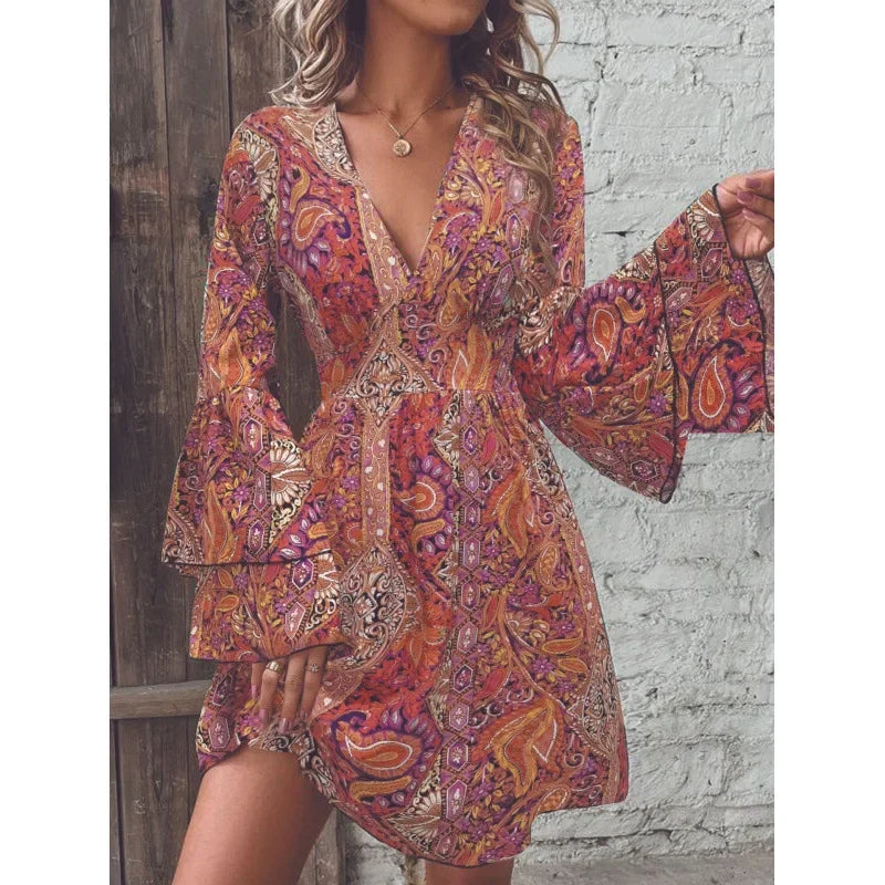 2024 New Fashionable High-End Women's Pashli Printing V-Neck Flare Sleeve Dress Autumn/Winter Cross-Border Style