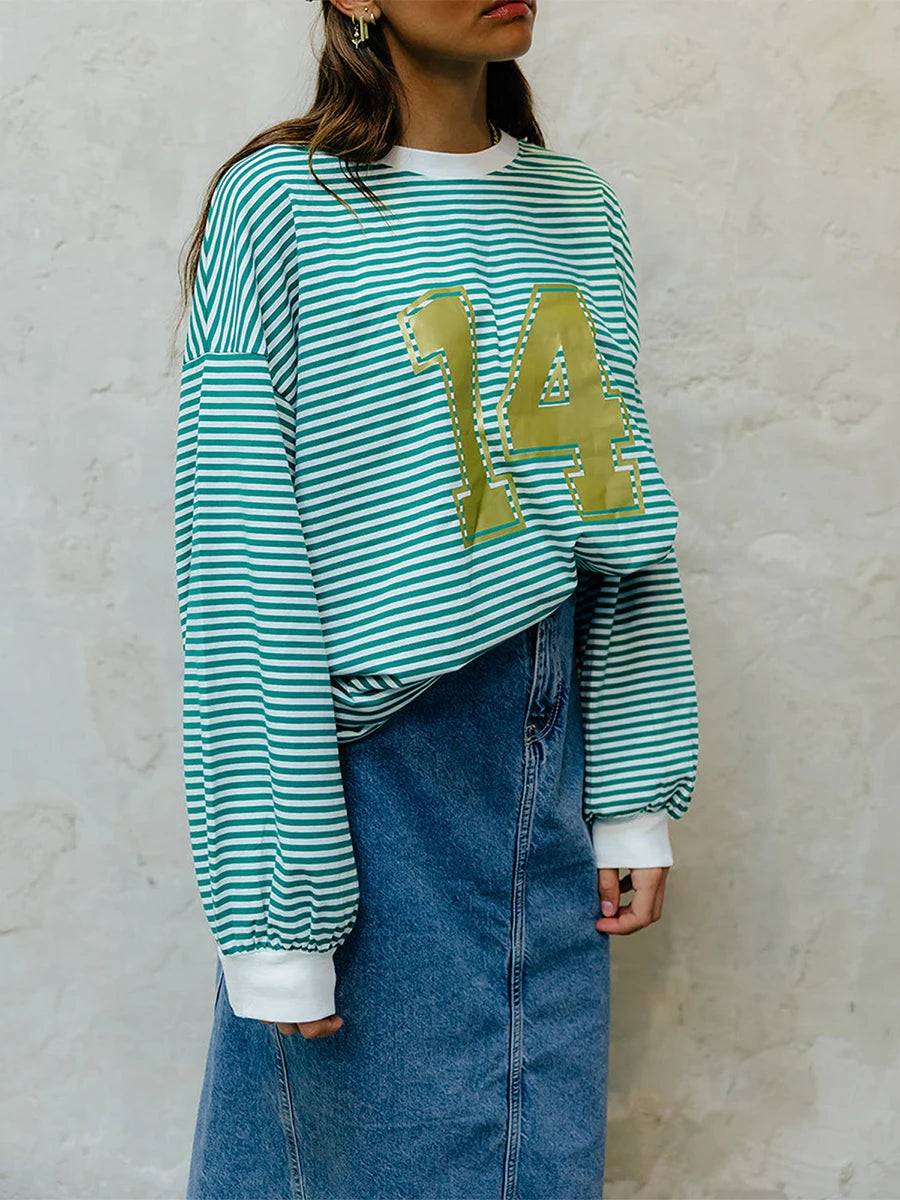 Women s Casual Loose Fit Long Sleeve O Neck Graphic Print Striped Tunic Top for Spring and Autumn Wear