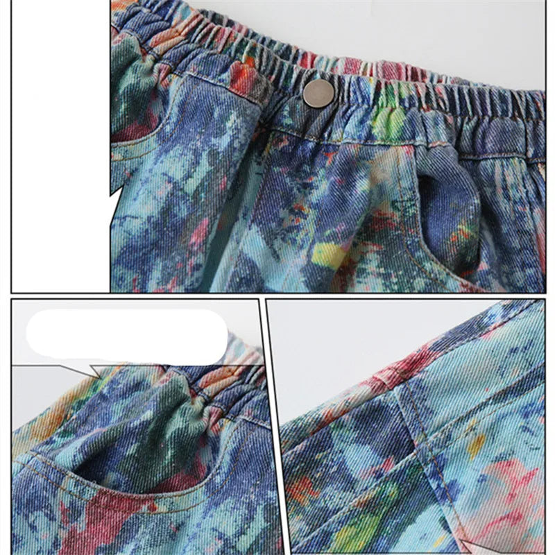 Children Fashion Painting Baggy Jeans For Boys Trendy Street Graffiti Denim Pants Kids Teenager Wide Oil Print Jeans Trousers