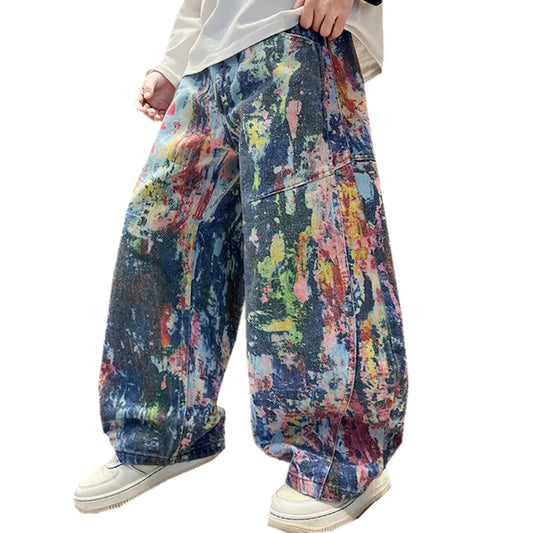 Children Fashion Painting Baggy Jeans For Boys Trendy Street Graffiti Denim Pants Kids Teenager Wide Oil Print Jeans Trousers