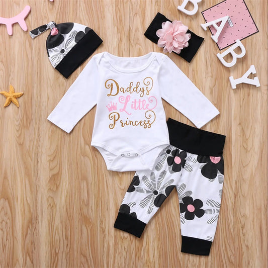 Spring and Autumn New Newborn Girl Baby Set Flower Letter Printed Jumpsuit+Headband Three Piece Set Romper