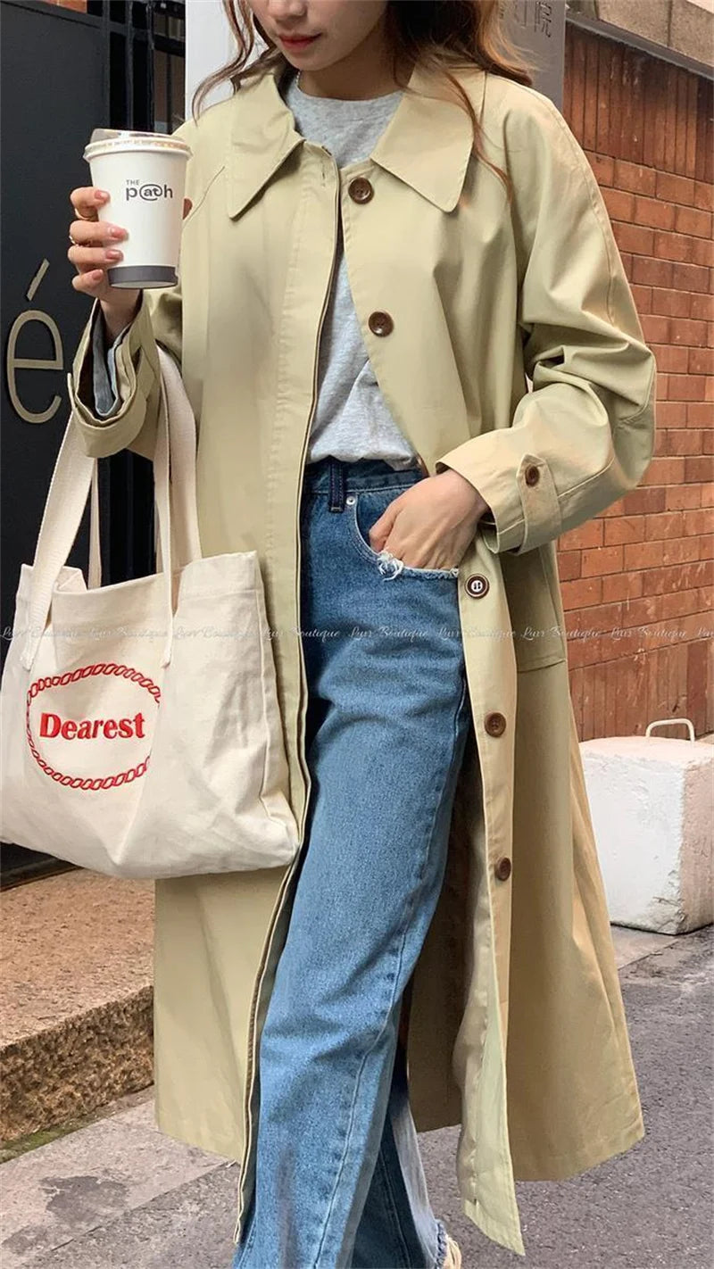 Autumn Winter Women's Fashion Trench Coat New 2024 Single row buckle Female Windbreaker Coats Mid length Khaki Versatile Outwear