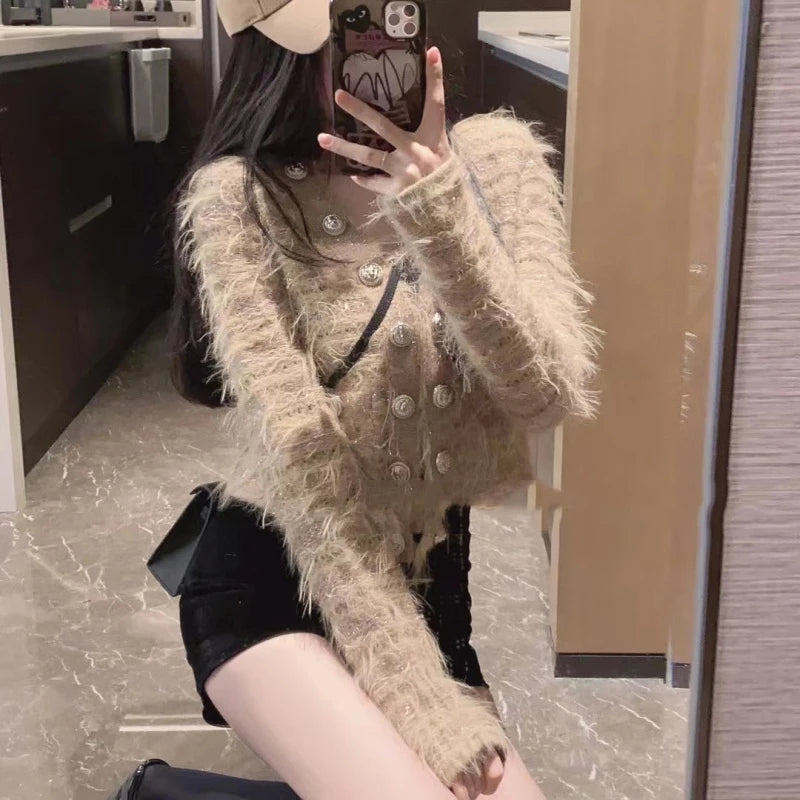 EVNISI Women Casual Office Sweater Fall Winter Double-breasted Cardigan Sweater Coat Thickened Warm Sweet Sweater For Women 2023