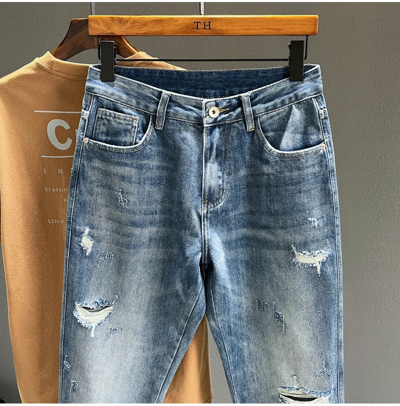 Hip Hop Jeans Men Frayed Slim Little Feet Streetwear Blue Ankle Length Denim Trousers Male Casual Fashion Retro Cropped Pants