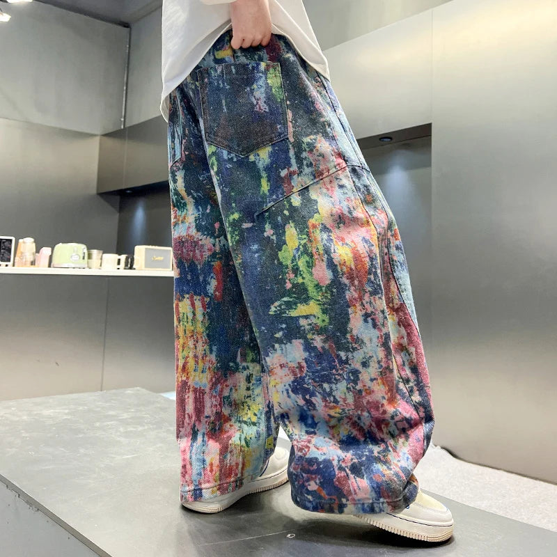 Children Fashion Painting Baggy Jeans For Boys Trendy Street Graffiti Denim Pants Kids Teenager Wide Oil Print Jeans Trousers