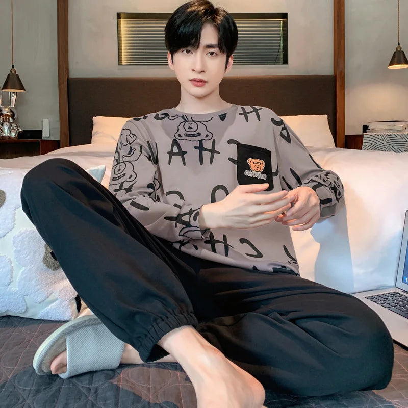 Spring And Autumn 2 Piece Men's Pajamas Boys Sports Long Sleeve Loose Leisure Suit Men's Homewear Sets Pajama Sets