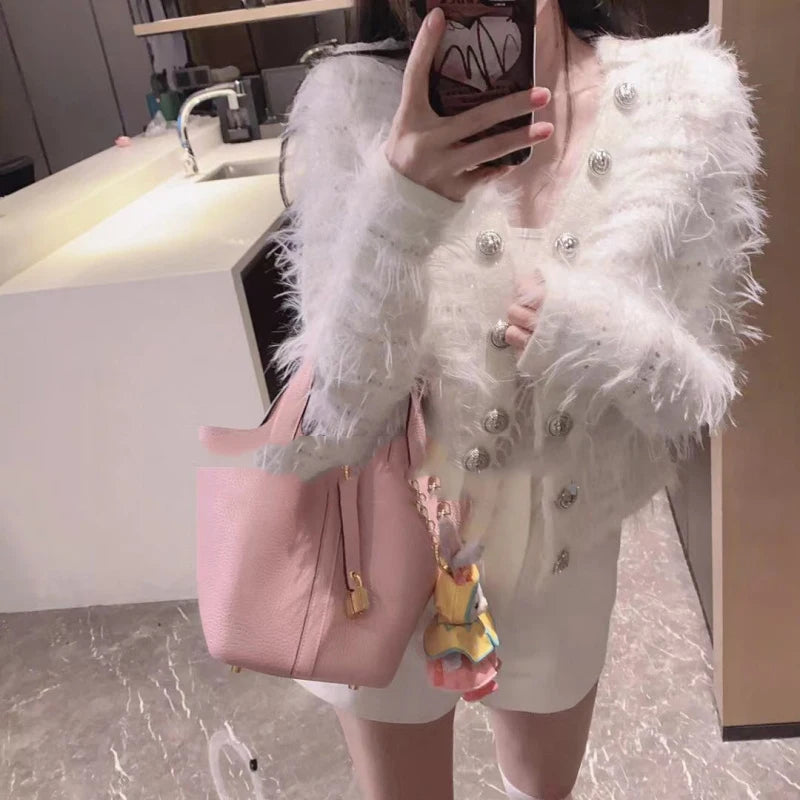 EVNISI Women Casual Office Sweater Fall Winter Double-breasted Cardigan Sweater Coat Thickened Warm Sweet Sweater For Women 2023