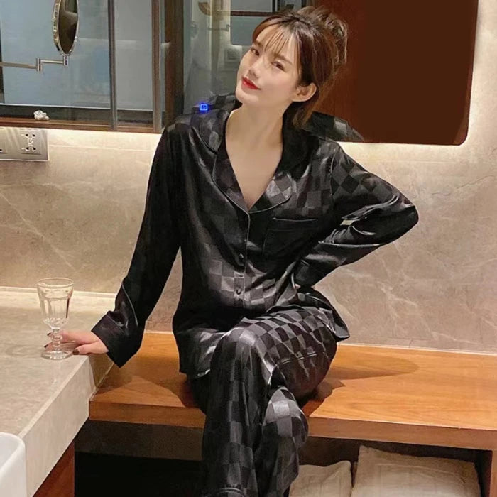 White Checkered Pattern Jacquard Plus Size Women Pajamas 2024 New Autumn Long Sleeve Pant Sleepwear French Elegatn Lady Lounges
