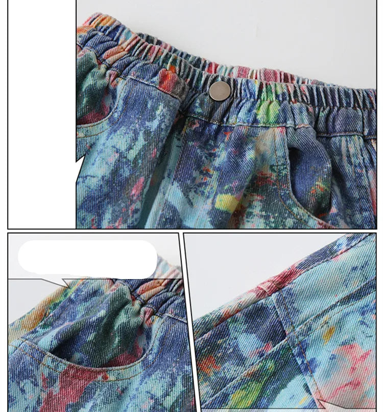 Children Fashion Painting Baggy Jeans For Boys Trendy Street Graffiti Denim Pants Kids Teenager Wide Oil Print Jeans Trousers