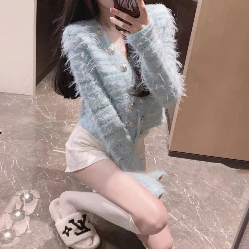 EVNISI Women Casual Office Sweater Fall Winter Double-breasted Cardigan Sweater Coat Thickened Warm Sweet Sweater For Women 2023