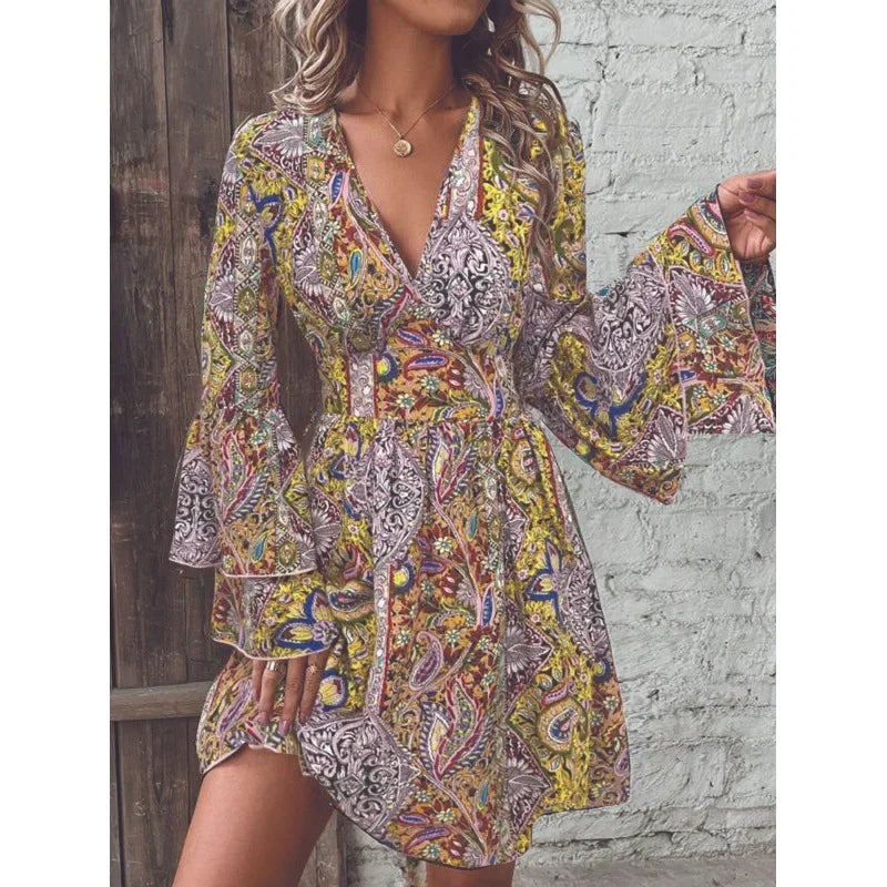 2024 New Fashionable High-End Women's Pashli Printing V-Neck Flare Sleeve Dress Autumn/Winter Cross-Border Style