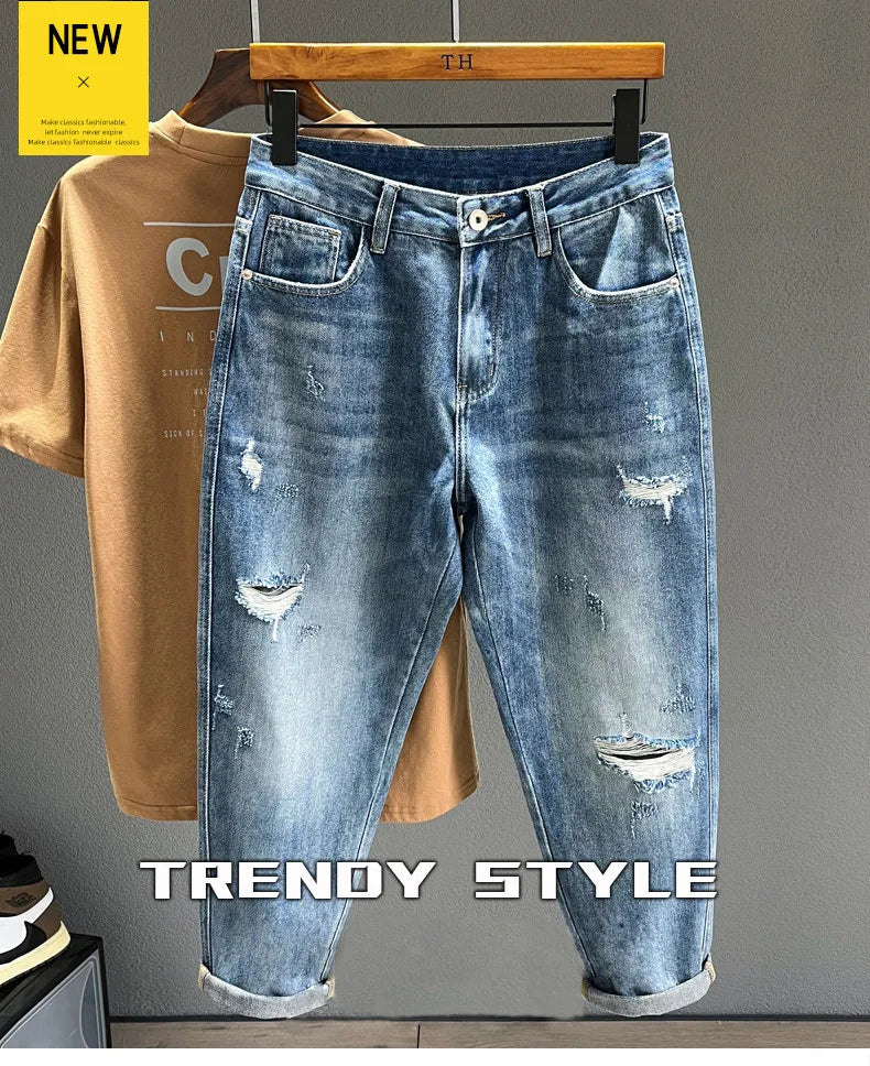 Hip Hop Jeans Men Frayed Slim Little Feet Streetwear Blue Ankle Length Denim Trousers Male Casual Fashion Retro Cropped Pants