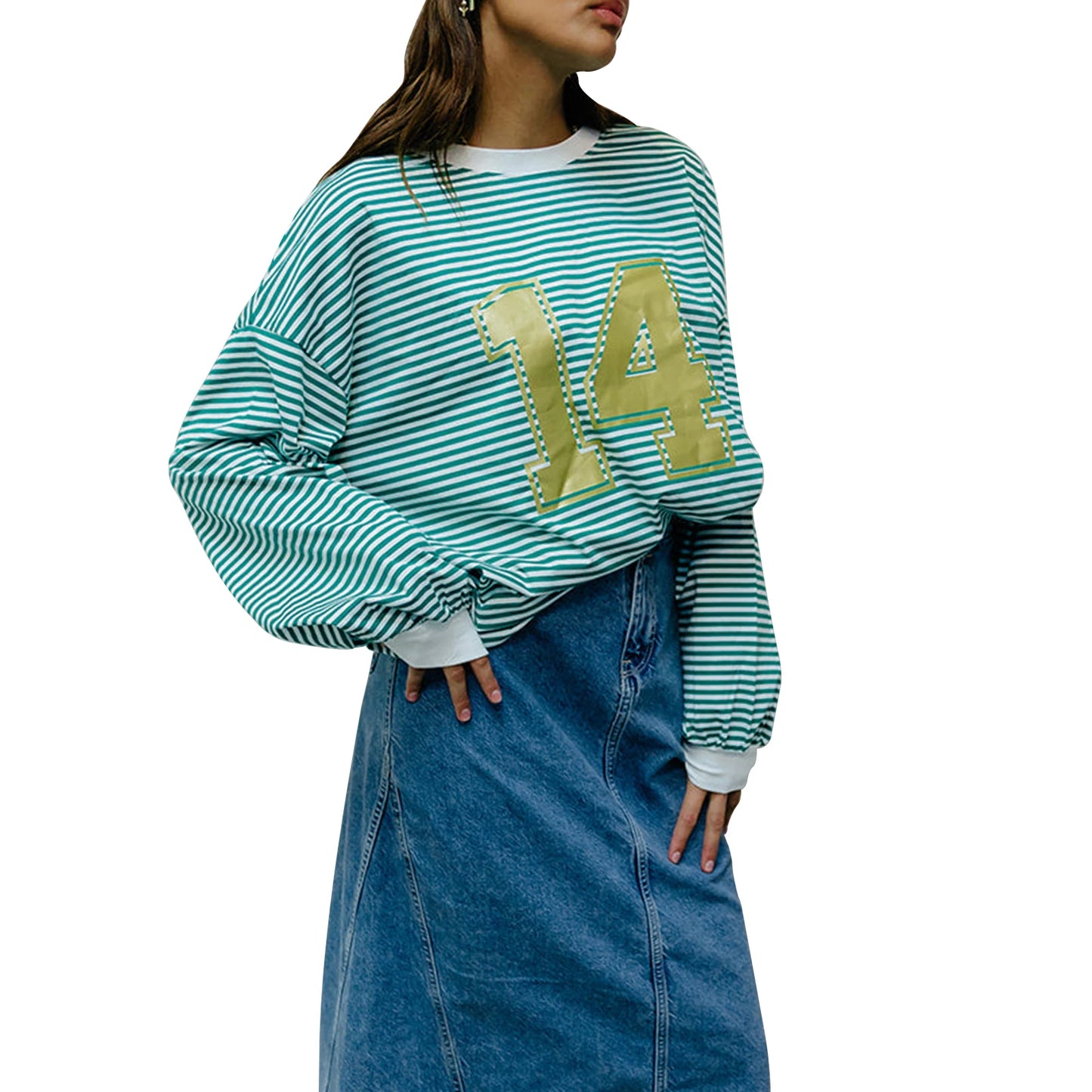 Women s Casual Loose Fit Long Sleeve O Neck Graphic Print Striped Tunic Top for Spring and Autumn Wear