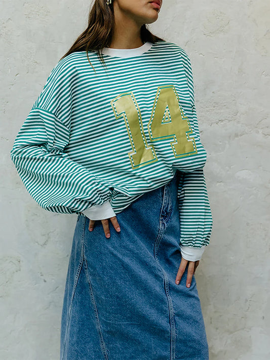 Women s Casual Loose Fit Long Sleeve O Neck Graphic Print Striped Tunic Top for Spring and Autumn Wear