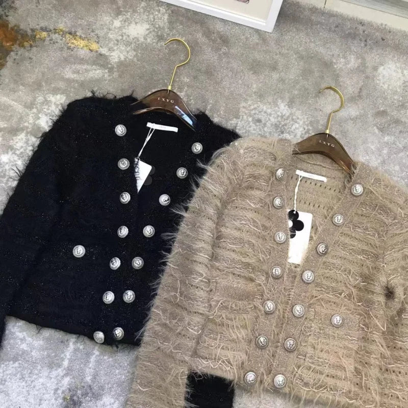 EVNISI Women Casual Office Sweater Fall Winter Double-breasted Cardigan Sweater Coat Thickened Warm Sweet Sweater For Women 2023