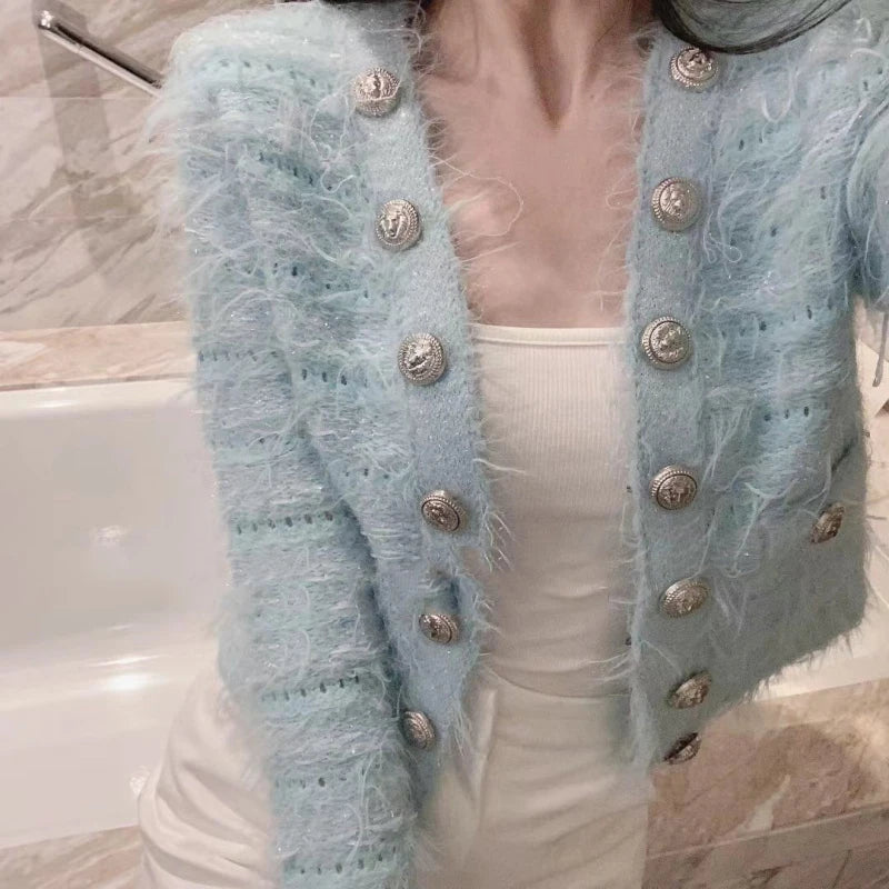 EVNISI Women Casual Office Sweater Fall Winter Double-breasted Cardigan Sweater Coat Thickened Warm Sweet Sweater For Women 2023